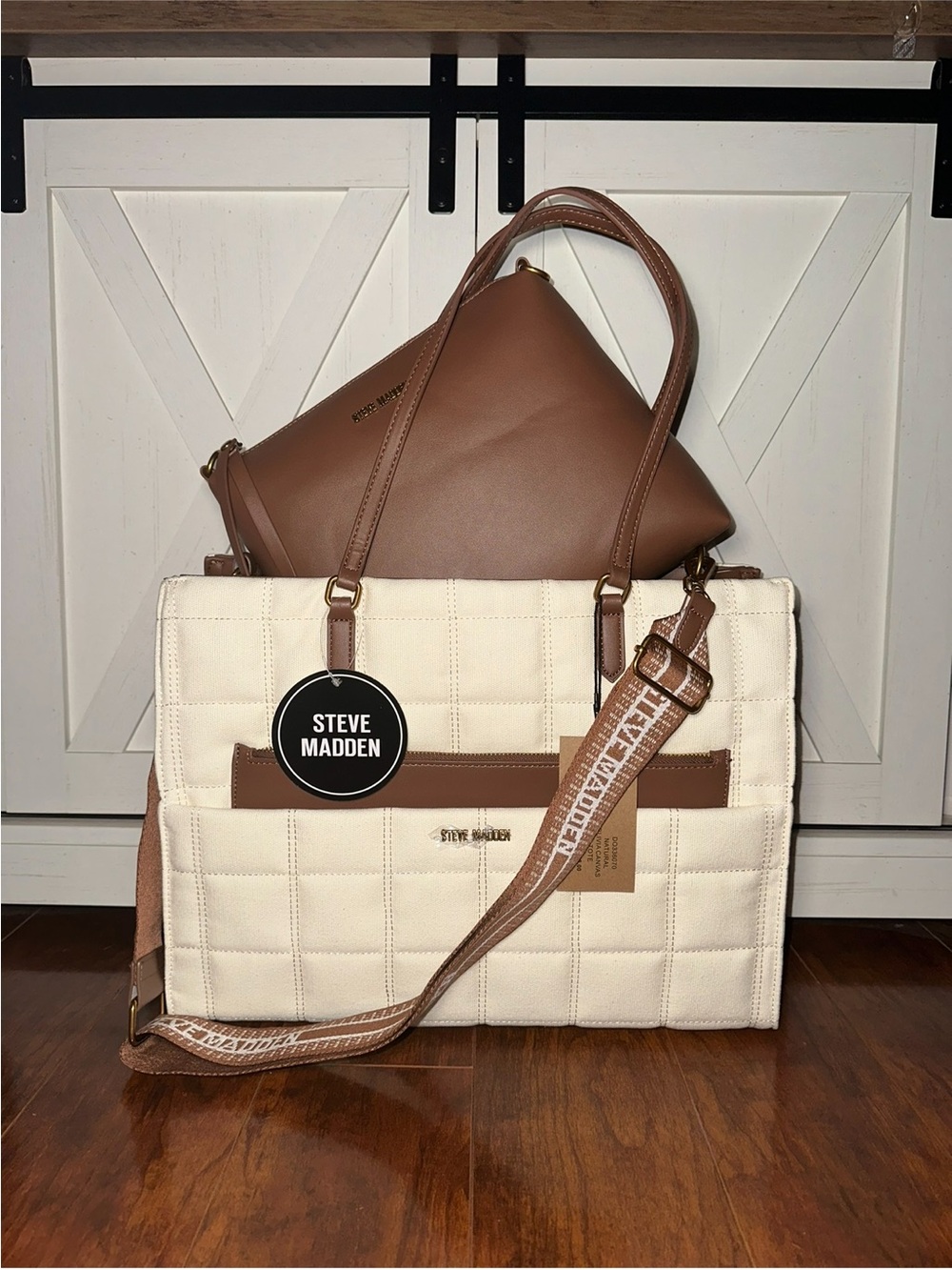 Steve Madden Natural BLIVIA Canvas Quilted 2 Piece Set Tote with Brown Pouch